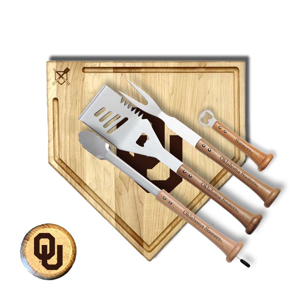 Baseball BBQ University of Oklahoma "GRAND SLAM" Home Plate Style w/ Trough (17" x 17") University of Oklahoma "GRAND SLAM" Combo Set