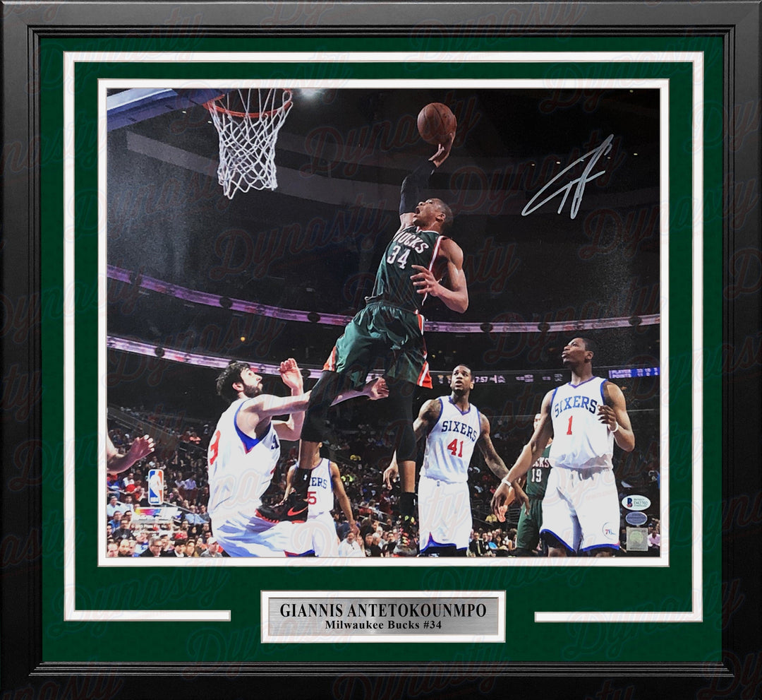 Dynasty Sports & Framing Autographed Framed Basketball Photos Giannis Antetokounmpo Slam Dunk v. 76ers Milwaukee Bucks Autographed 16x20 Framed Basketball Photo