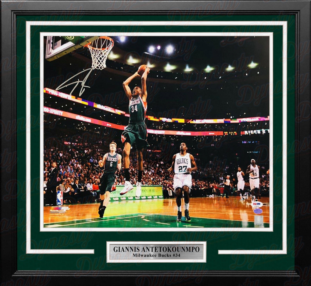 Dynasty Sports & Framing Autographed Framed Basketball Photos Giannis Antetokounmpo Slam Dunk v. Celtics Milwaukee Bucks Autographed 16x20 Framed Basketball Photo