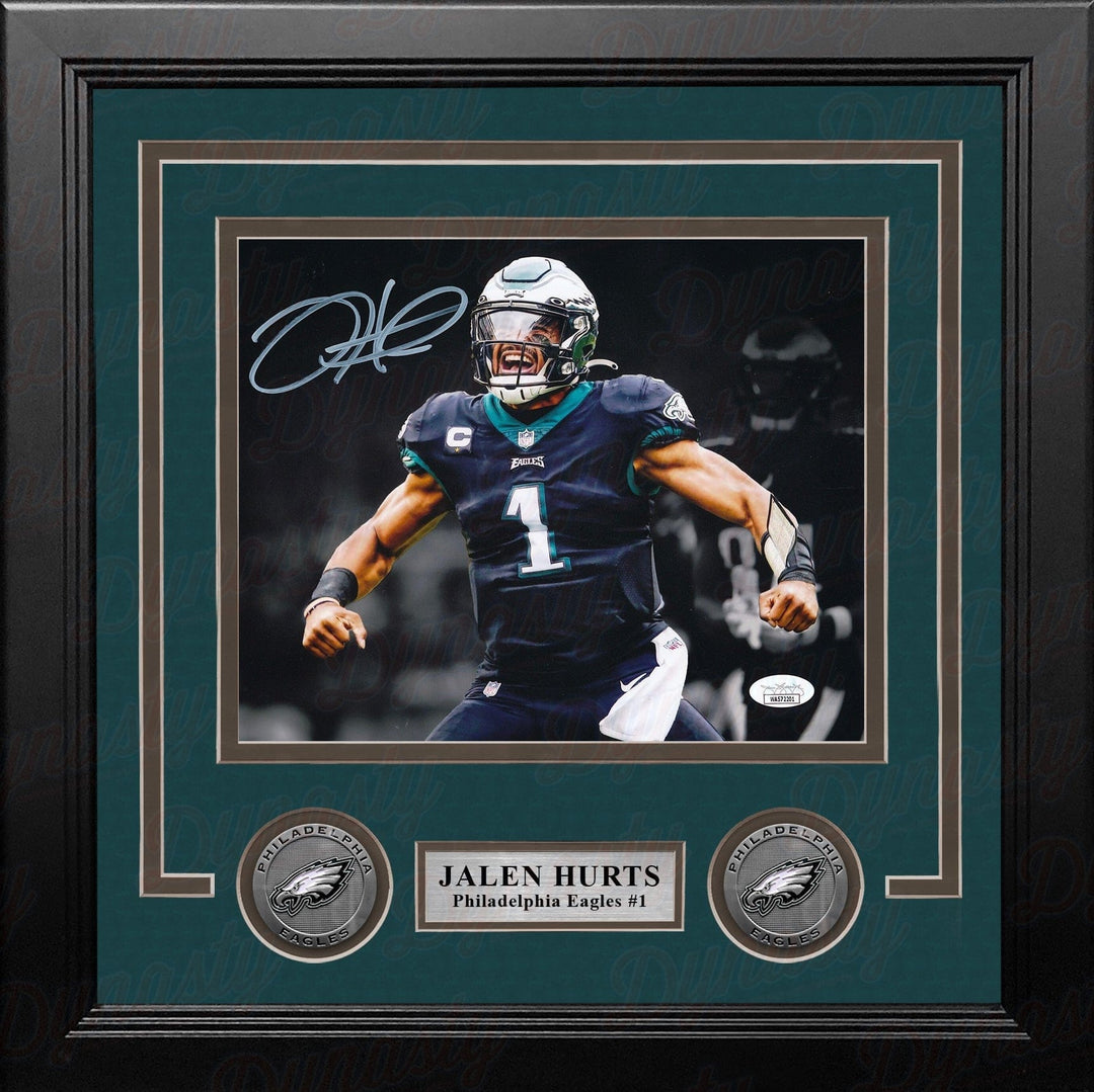 Dynasty Sports & Framing Autographed Framed Football Photos Jalen Hurts Black Flex Philadelphia Eagles Autographed 8" x 10" Framed Football Blackout Photo