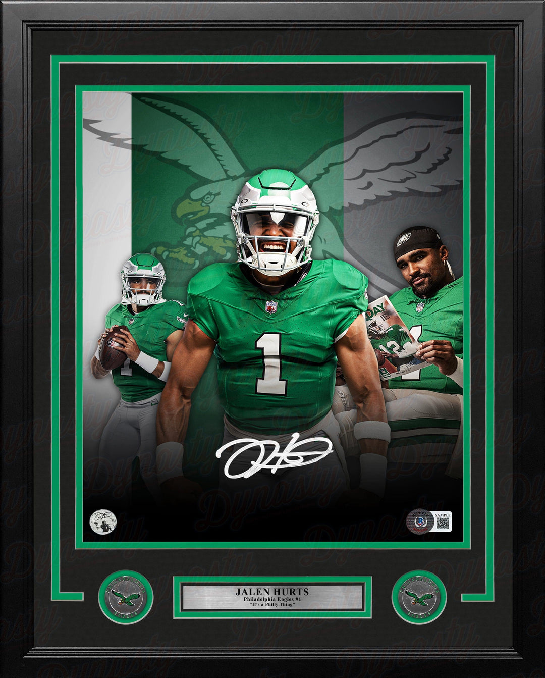 Dynasty Sports & Framing Autographed Framed Football Photos Jalen Hurts Philadelphia Eagles Autographed 11" x 14" Framed Kelly Green Collage Football Photo