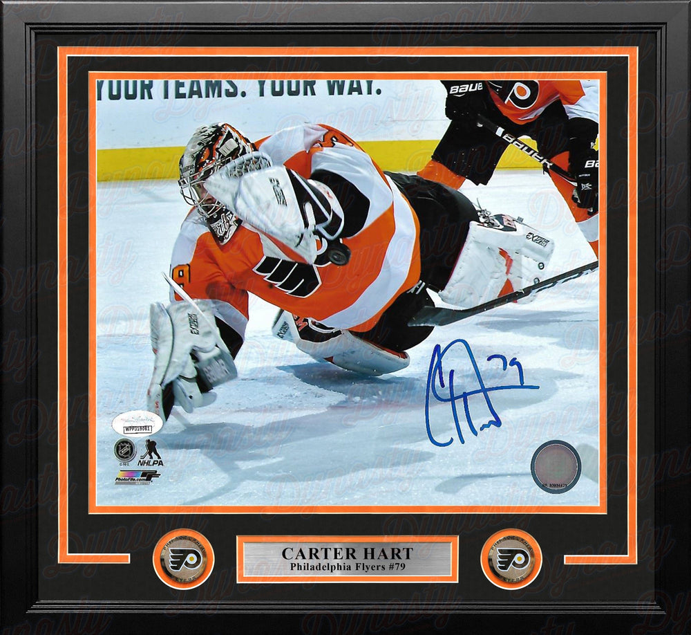 Dynasty Sports & Framing Autographed Framed Hockey Photos 11x14 Framed Photo Carter Hart Philadelphia Flyers Diving Save vs. Canucks Autographed Framed Hockey Photo