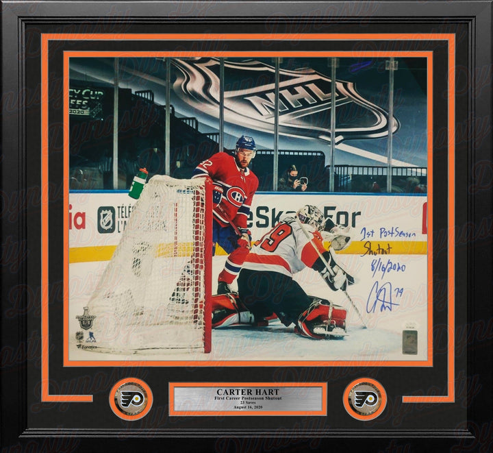 Dynasty Sports & Framing Autographed Framed Hockey Photos 16x20 Framed Photo with 1st Career Playoff Shutout Inscription Carter Hart First Career Playoff Shutout Philadelphia Flyers Autographed Framed Hockey Photo