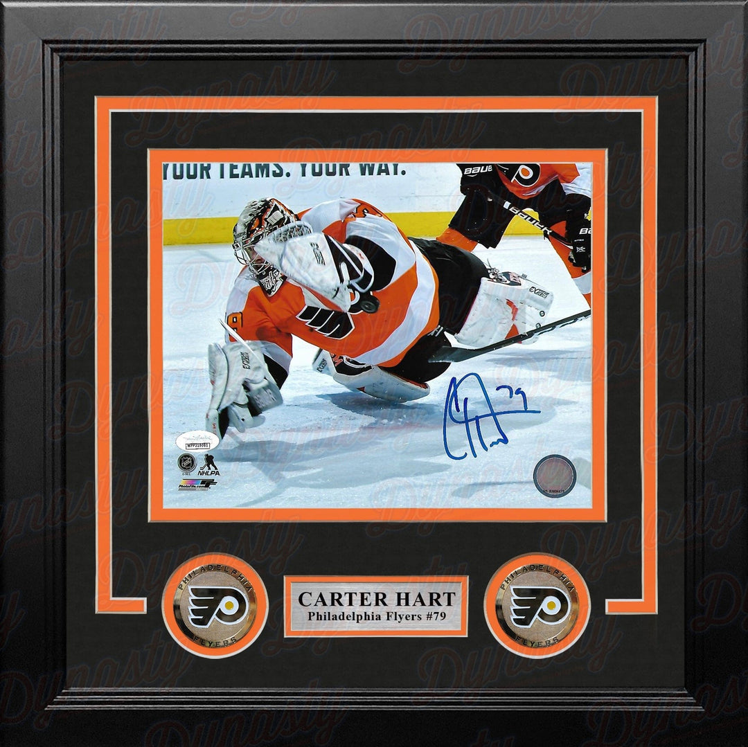 Dynasty Sports & Framing Autographed Framed Hockey Photos 8x10 Framed Photo Carter Hart Philadelphia Flyers Diving Save vs. Canucks Autographed Framed Hockey Photo