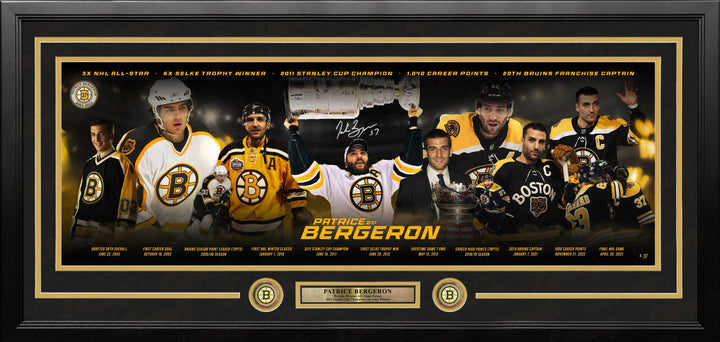 Dynasty Sports & Framing Autographed Framed Hockey Photos Patrice Bergeron Boston Bruins Career Highlights Autographed Framed 12" x 36" Hockey Panorama - Limited Edition of 37