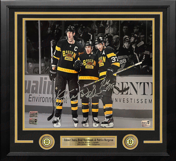 Dynasty Sports & Framing Autographed Framed Hockey Photos Zdeno Chara, Brad Marchand, Patrice Bergeron Boston Bruins Autographed 11x14 Framed Blackout Photo