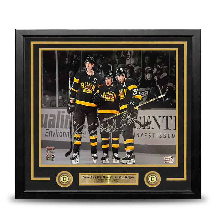 Dynasty Sports & Framing Autographed Framed Hockey Photos Zdeno Chara, Brad Marchand, Patrice Bergeron Boston Bruins Autographed 11x14 Framed Blackout Photo