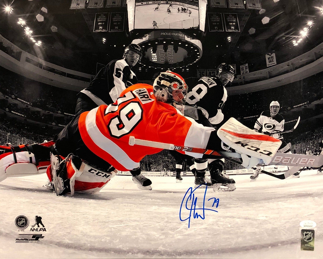 Dynasty Sports & Framing Autographed Hockey Photos 8x10 Photo Carter Hart Philadelphia Flyers Spotlight Net Cam Autographed NHL Hockey Photo