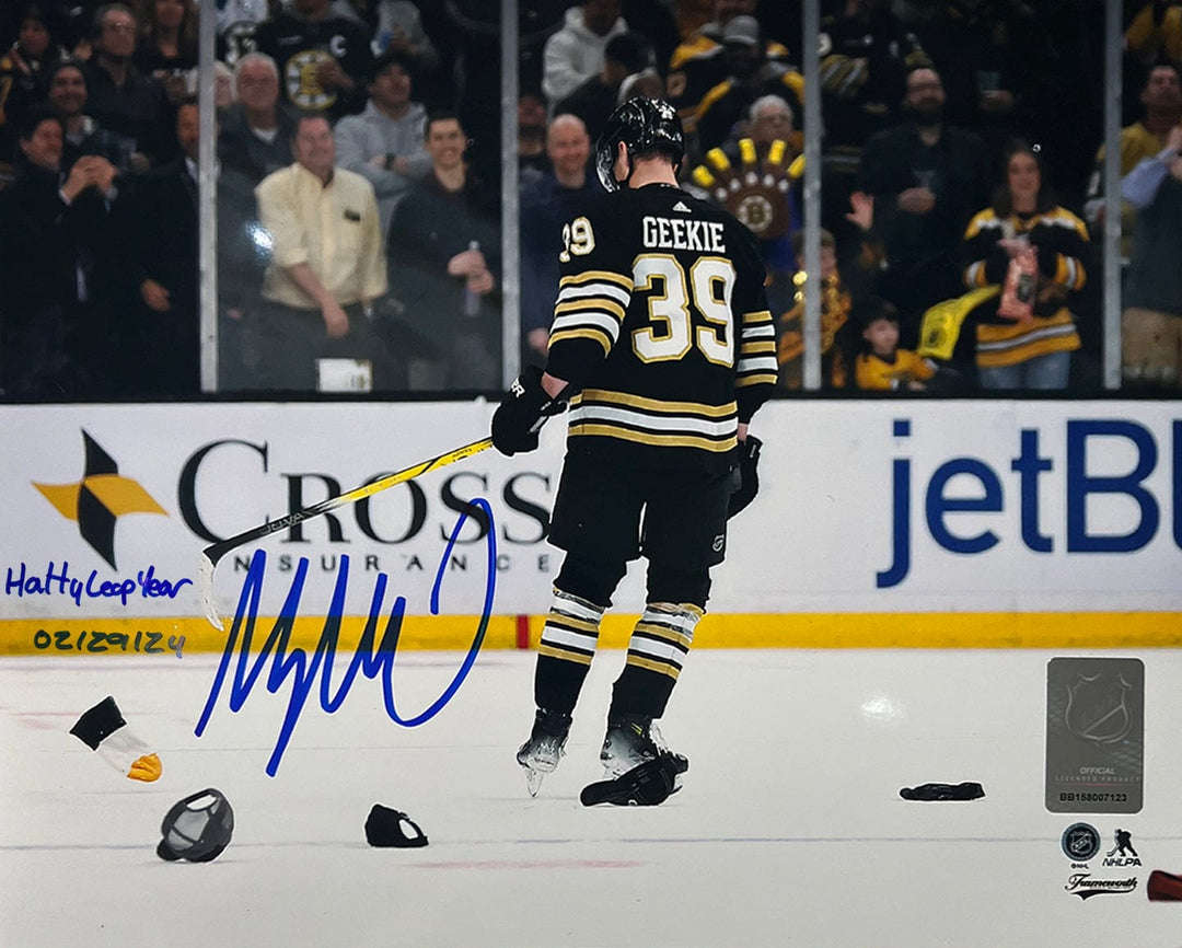 Dynasty Sports & Framing Autographed Hockey Photos Morgan Geekie Hat Trick Boston Bruins Autographed 11" x 14" Hockey Photo - Hatty Leap Year