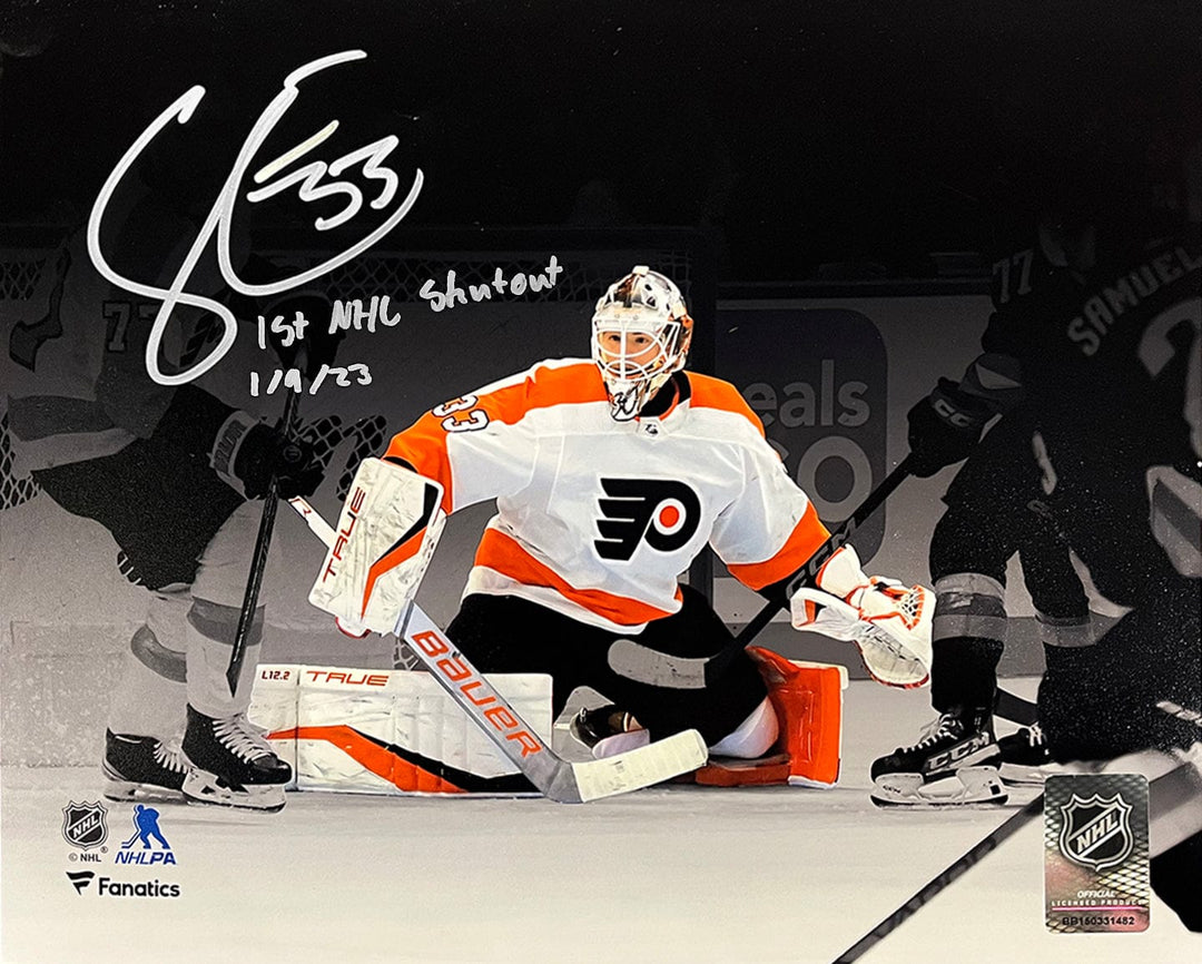 Dynasty Sports & Framing Autographed Hockey Photos Samuel Ersson First Shutout Philadelphia Flyers Autographed 16x20 Blackout Hockey Photo Inscribed with Date