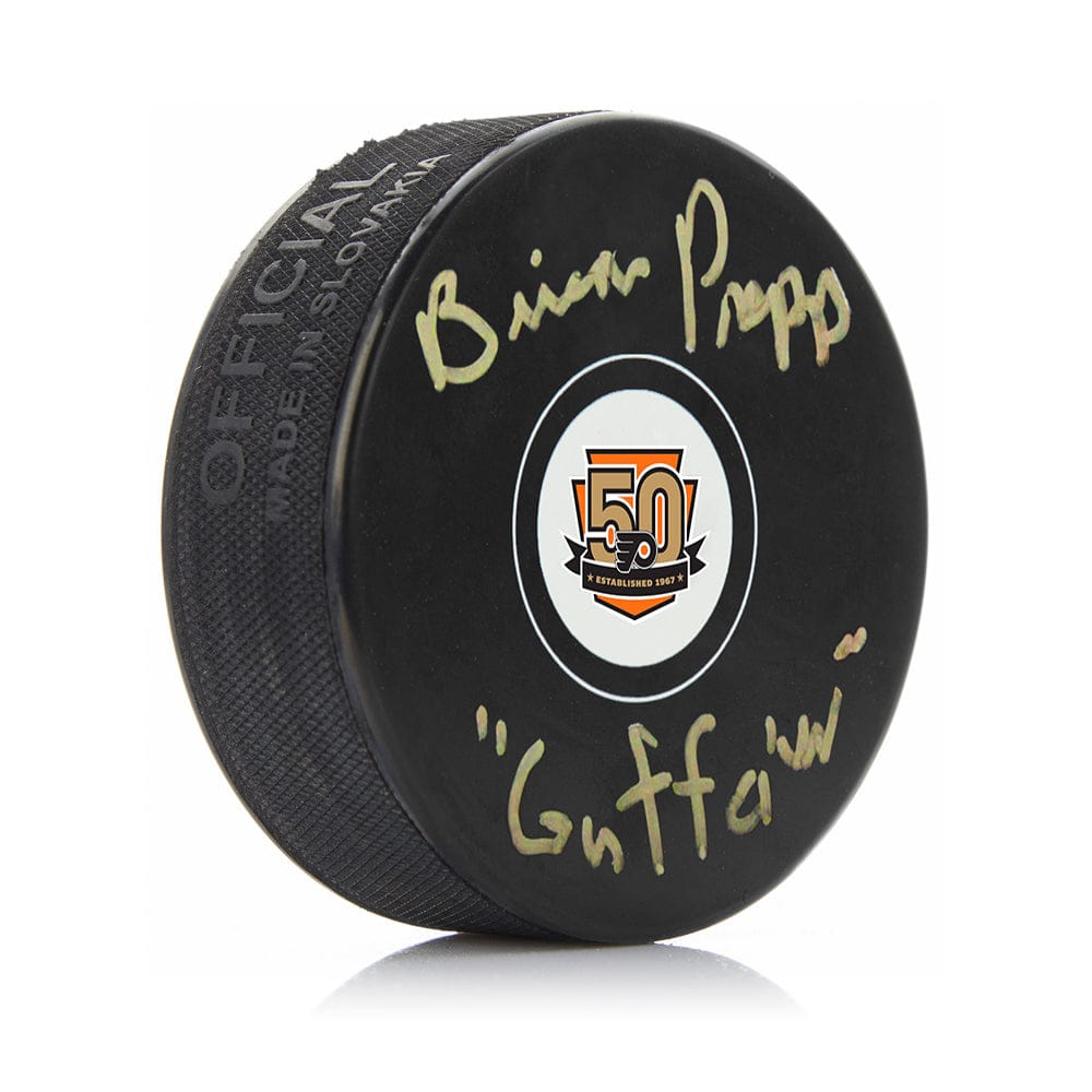 Dynasty Sports & Framing Autographed Pucks Brian Propp Autographed Philadelphia Flyers Hockey 50th Anniversary Logo Puck Inscribed "Guffaw"