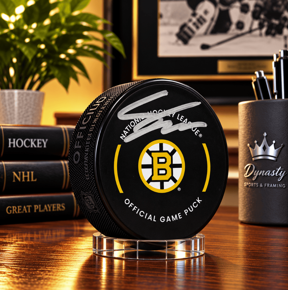 Dynasty Sports & Framing Autographed Pucks Fraser Minten Boston Bruins Autographed 2025 Game Model Puck