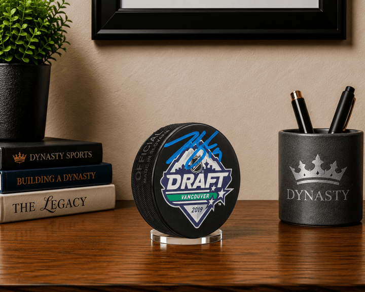 Dynasty Sports & Framing Autographed Pucks Johnny Beecher Autographed Boston Bruins 2019 Draft Hockey Logo Puck - Blue Signature