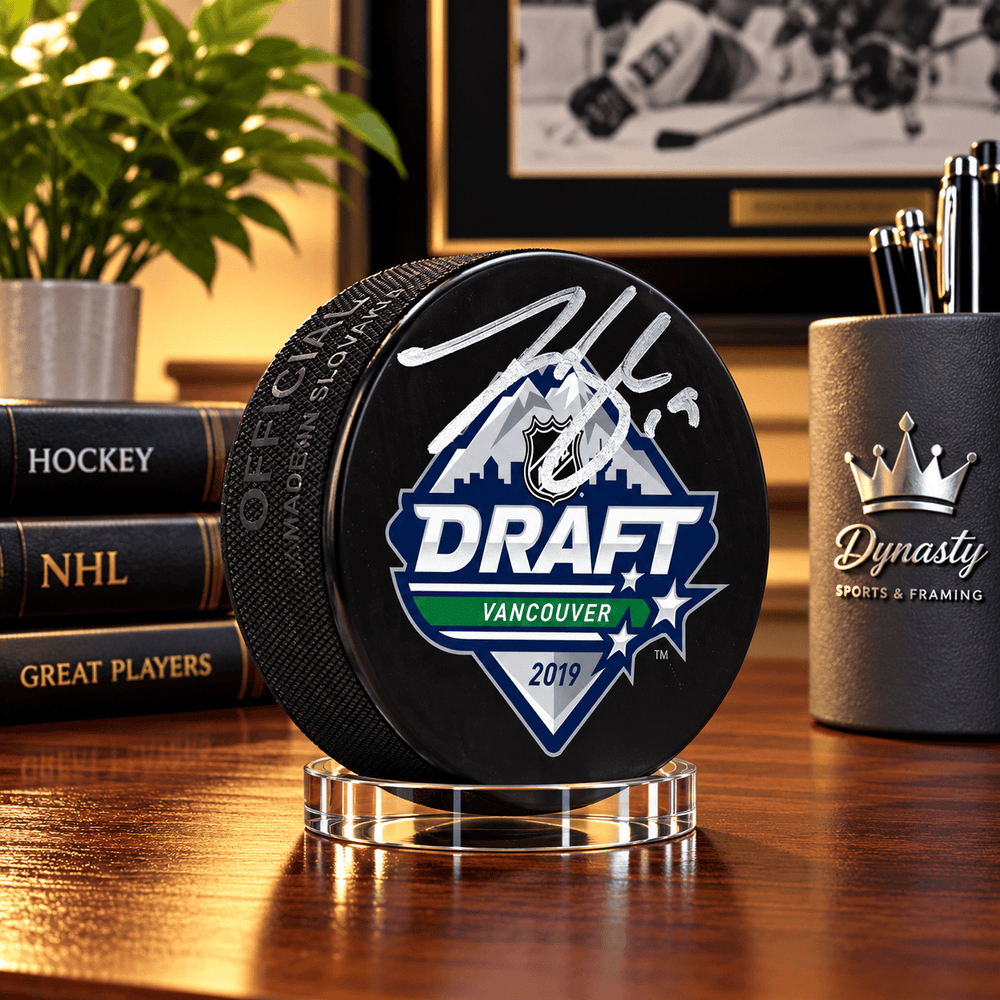 Dynasty Sports & Framing Autographed Pucks Johnny Beecher Autographed Boston Bruins 2019 Draft Hockey Logo Puck - Silver Signature