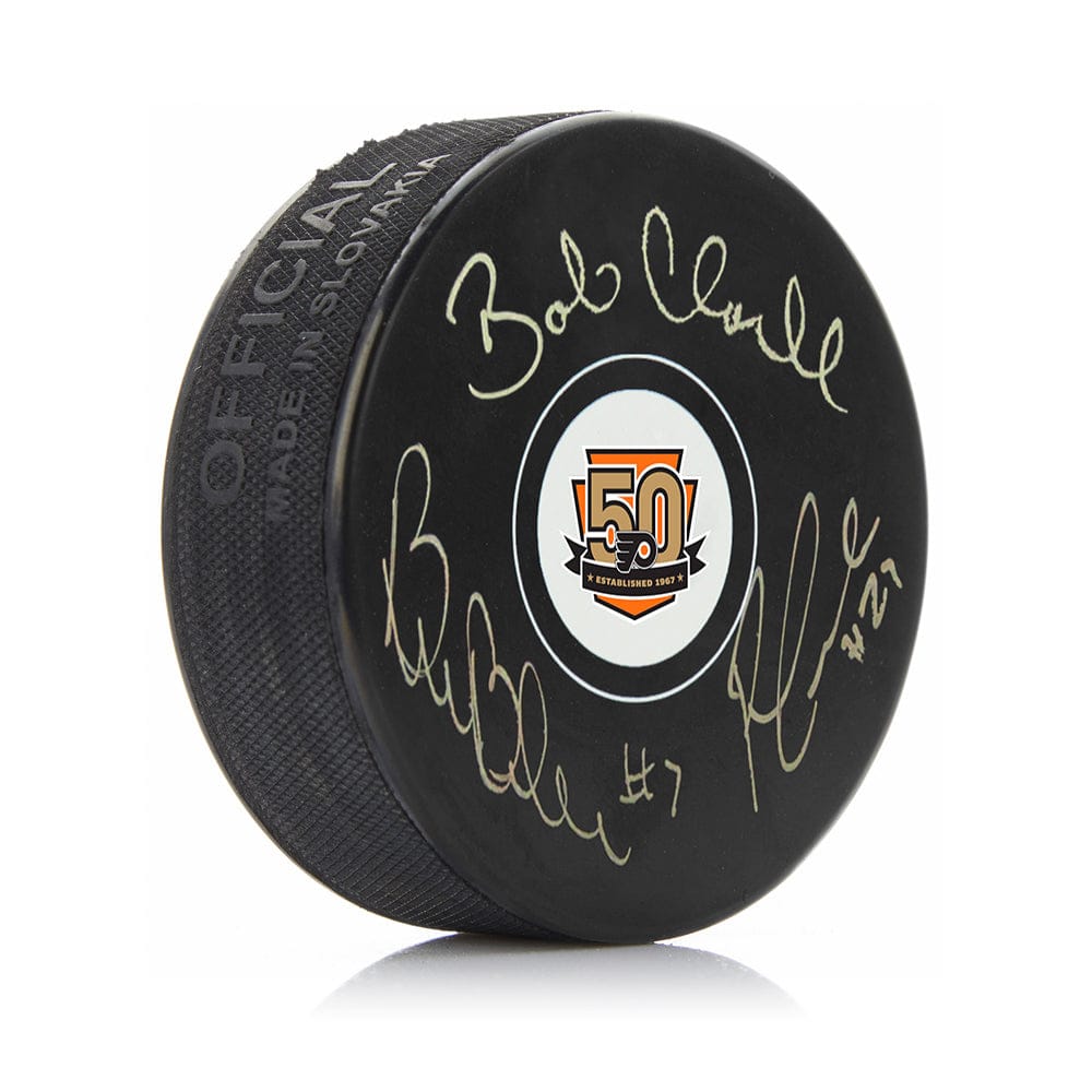 Dynasty Sports & Framing Autographed Pucks LCB Line (Bob Clarke/Bill Barber/Reggie Leach) Autographed Philadelphia Flyers 50th Anniversary Puck