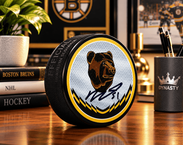 Dynasty Sports & Framing Autographed Pucks Matthew Poitras Autographed Boston Bruins Reverse Retro Hockey Logo Puck