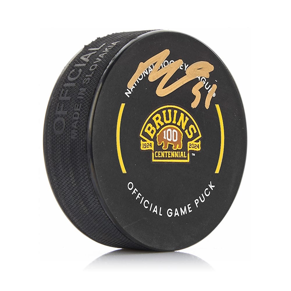 Dynasty Sports & Framing Autographed Pucks Matthew Poitras Boston Bruins Autographed 100th Anniversary Hockey Game Puck