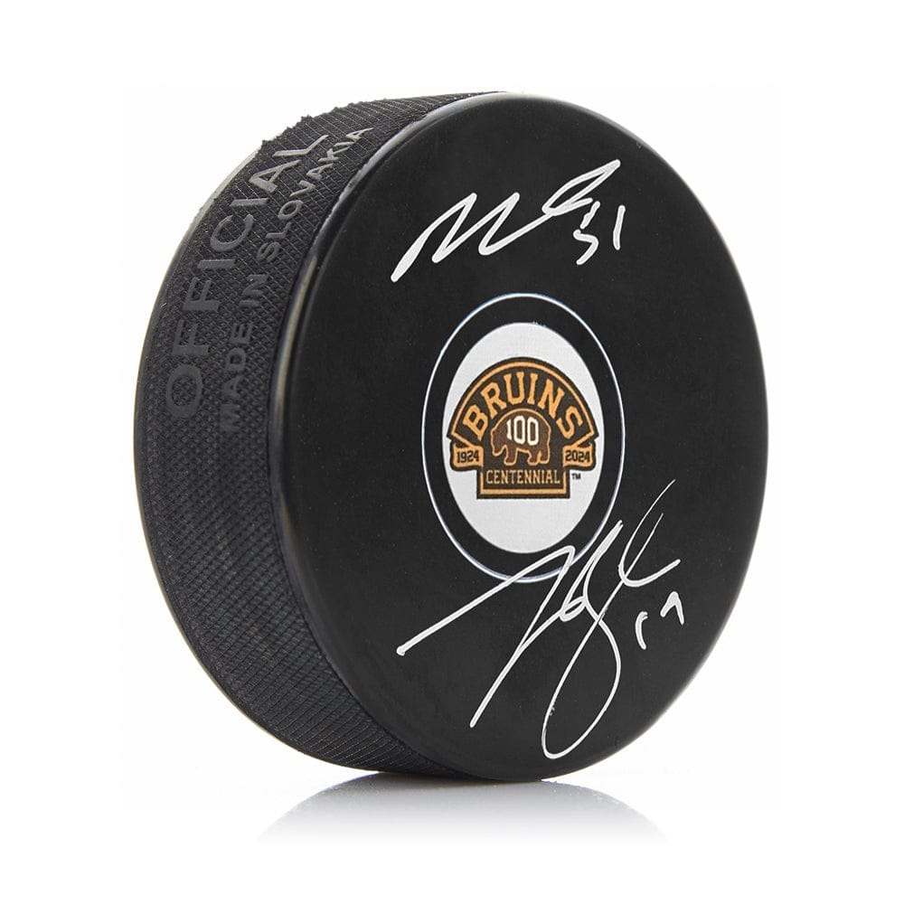 Dynasty Sports & Framing Autographed Pucks Matthew Poitras & Johnny Beecher Autographed Boston Bruins 100th Anniversary Hockey Logo Puck