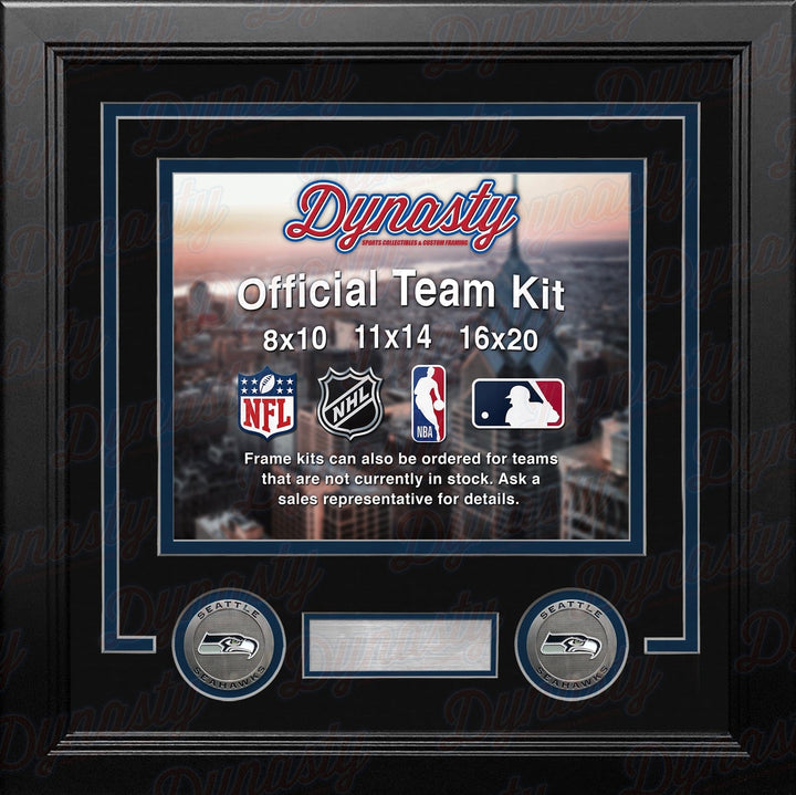 Dynasty Sports & Framing Custom Framing Black Matting & Navy Blue Trim / Landscape (Horizontal); Standard Glass / No Nameplate or Medallions Seattle Seahawks Custom NFL Football 16x20 Picture Frame Kit (Multiple Colors)