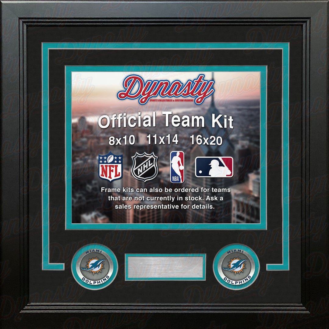 Dynasty Sports & Framing Custom Framing Black Matting & Teal Trim / Landscape (Horizontal); Standard Glass / No Nameplate or Medallions Miami Dolphins Custom NFL Football 8x10 Picture Frame Kit (Multiple Colors)