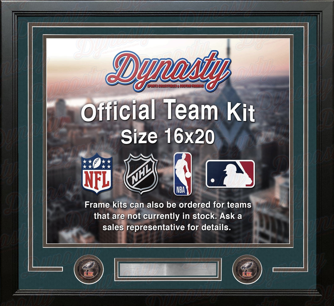 Dynasty Sports & Framing Custom Framing Green Matting & Charcoal Trim / Landscape (Horizontal); Standard Glass / No Nameplate or Logos Philadelphia Eagles Super Bowl LIX Champions Custom NFL Football 16x20 Picture Frame Kit (3 Colors)