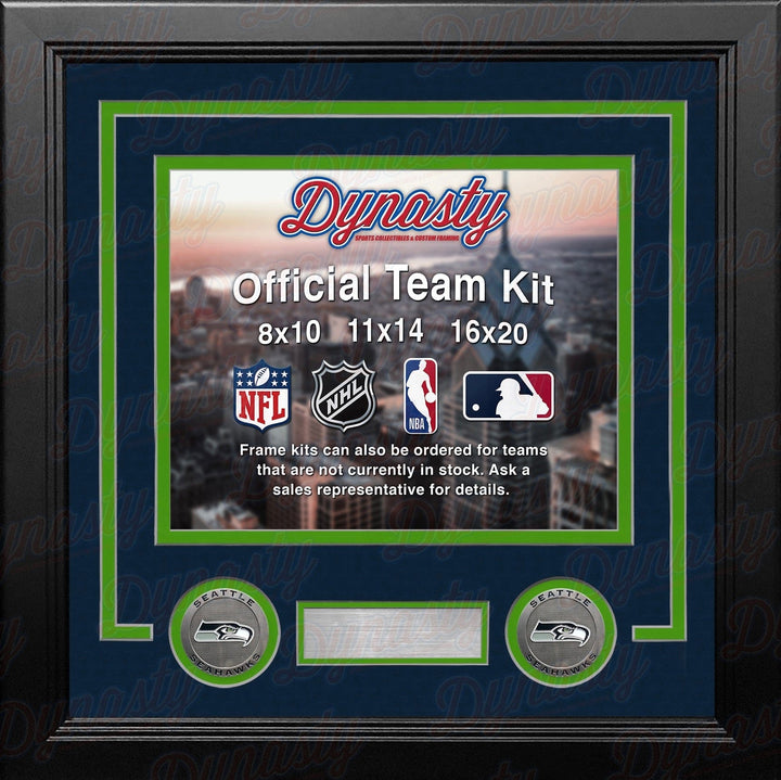 Dynasty Sports & Framing Custom Framing Navy Blue Matting & Lime Green Trim / Landscape (Horizontal); Standard Glass / No Nameplate or Medallions Seattle Seahawks Custom NFL Football 11x14 Picture Frame Kit (Multiple Colors)