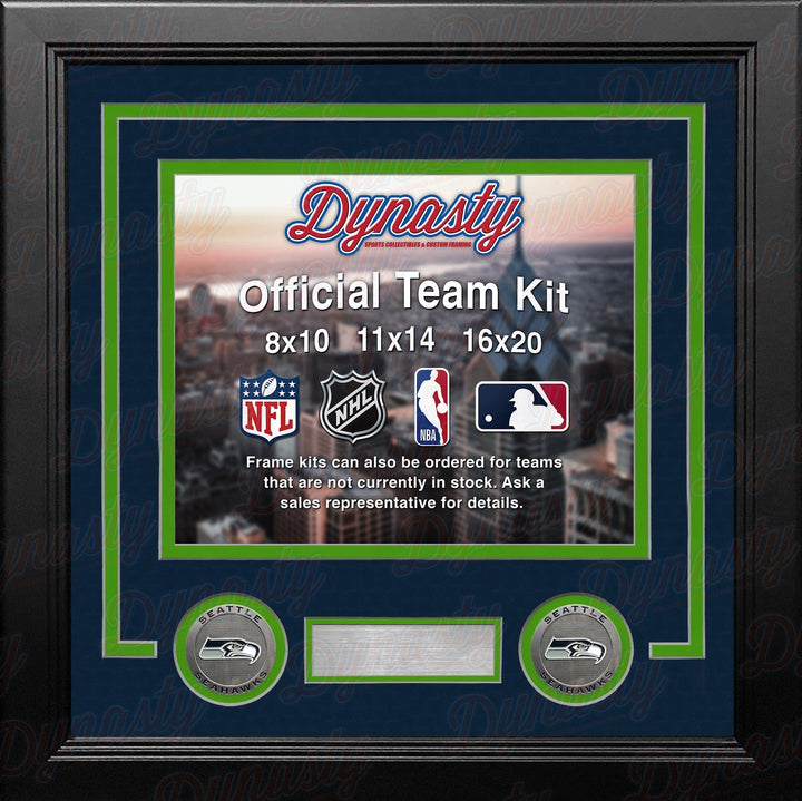 Dynasty Sports & Framing Custom Framing Navy Blue Matting & Lime Green Trim / Landscape (Horizontal); Standard Glass / No Nameplate or Medallions Seattle Seahawks Custom NFL Football 8x10 Picture Frame Kit (Multiple Colors)