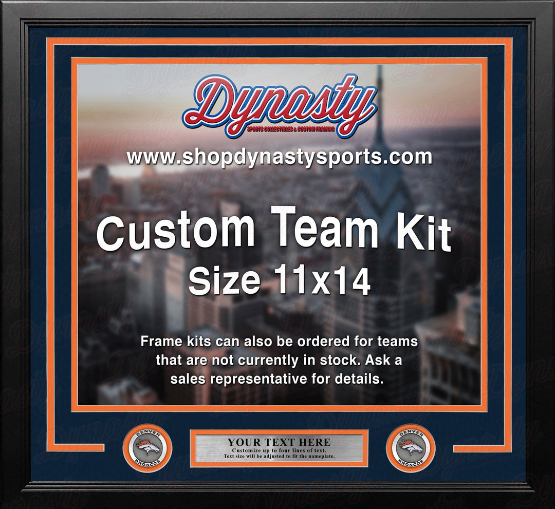 Dynasty Sports & Framing Custom Framing Navy Blue Matting & Orange Trim / Landscape (Horizontal); Standard Glass / No Nameplate or Medallions Denver Broncos Custom NFL Football 11x14 Picture Frame Kit (Multiple Colors)