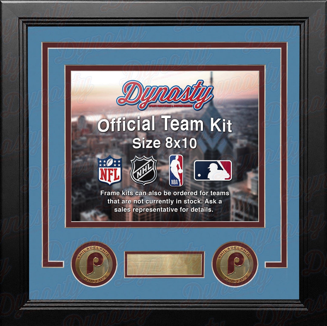 Dynasty Sports & Framing Custom Framing Powder Blue Matting & Maroon Trim / Landscape (Horizontal); Standard Glass / No Nameplate or Medallions Philadelphia Phillies Throwback Custom MLB Baseball 8x10 Picture Frame Kit (Multiple Colors)