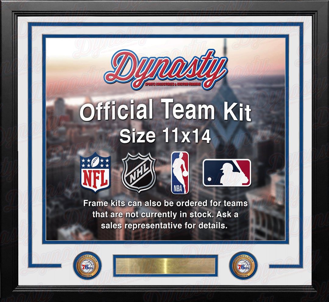 Dynasty Sports & Framing Custom Framing White Matting & Blue Trim / Landscape (Horizontal); Standard Glass / No Nameplate or Medallions Philadelphia 76ers Custom NBA Basketball 11x14 Picture Frame Kit (Multiple Colors)