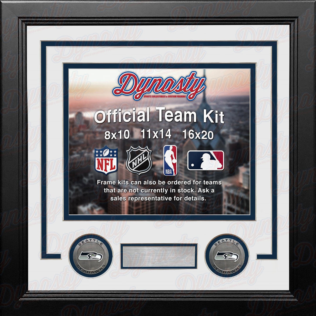 Dynasty Sports & Framing Custom Framing White Matting & Navy Blue Trim / Landscape (Horizontal); Standard Glass / No Nameplate or Medallions Seattle Seahawks Custom NFL Football 11x14 Picture Frame Kit (Multiple Colors)