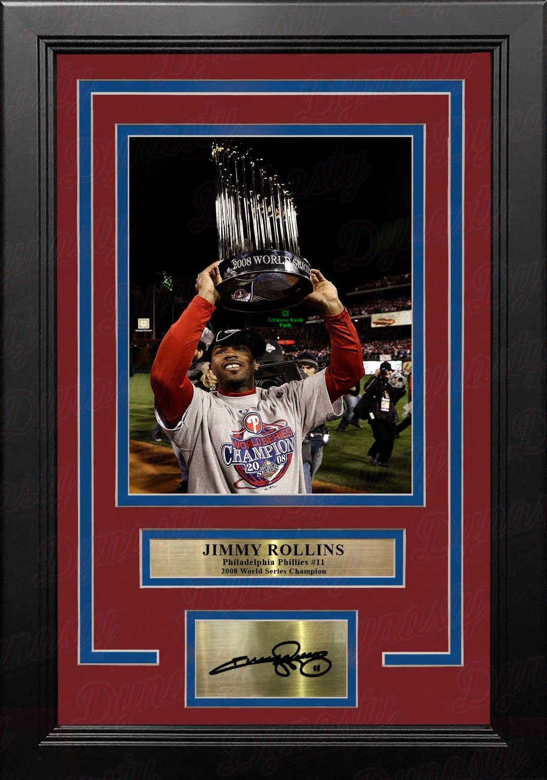 Dynasty Sports & Framing Engraved Signatures 8x10 Framed Photo with Engraved Autograph Jimmy Rollins 2008 World Series Trophy Philadelphia Phillies Framed Photo with Engraved Autograph