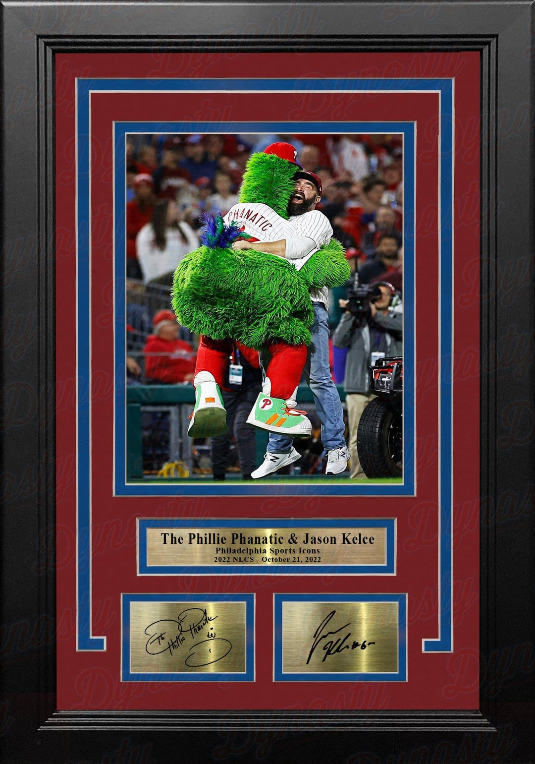 Dynasty Sports & Framing Engraved Signatures 8x10 Framed Photo with Engraved Autograph The Phillie Phanatic & Jason Kelce Rally the Phillies Framed Baseball Photo with Engraved Autographs
