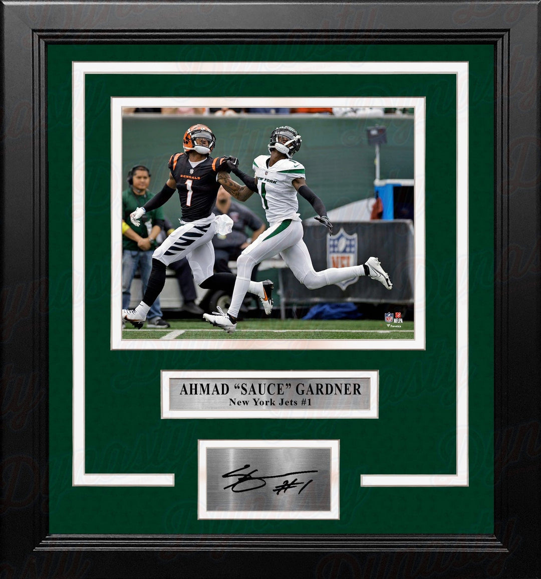 Dynasty Sports & Framing Engraved Signatures Ahmad 'Sauce' Gardner in Action New York Jets 8" x 10" Framed Football Photo with Engraved Autograph