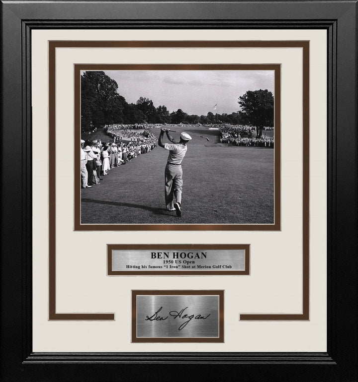 Dynasty Sports & Framing Engraved Signatures Ben Hogan 1-Iron Shot at the 1950 US Open at Merion Framed Golf Photo with Engraved Autograph