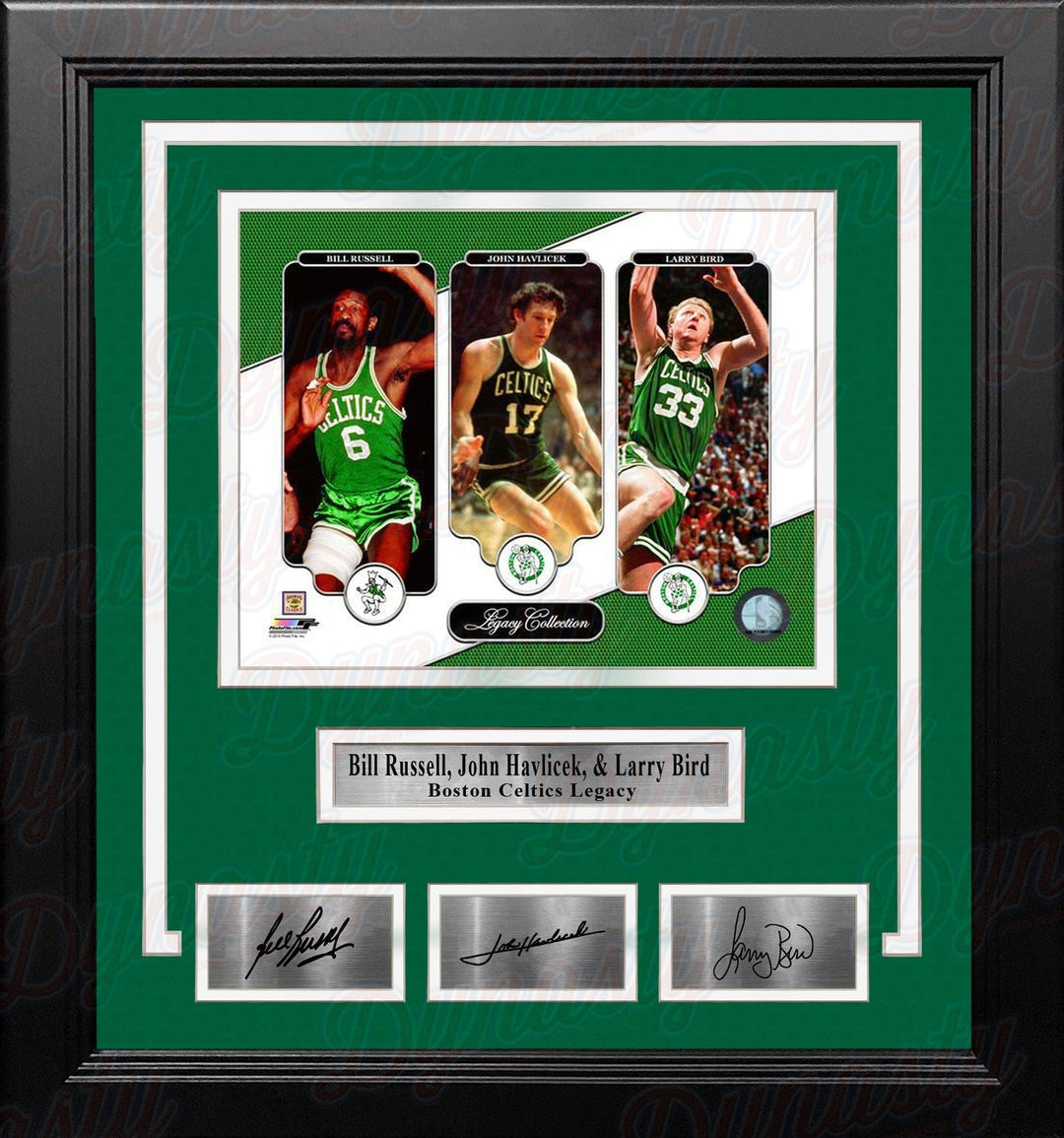 Dynasty Sports & Framing Engraved Signatures Bill Russell, John Havlicek, & Larry Bird Boston Celtics 8x10 Framed Photo with Engraved Autographs