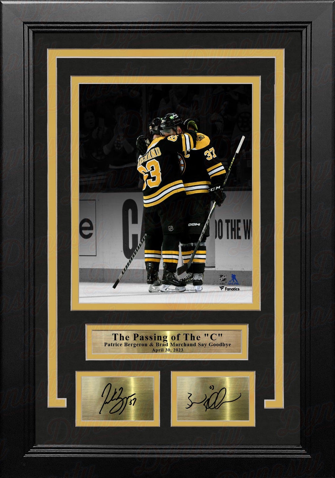 Dynasty Sports & Framing Engraved Signatures Brad Marchand & Patrice Bergeron, Bergerons Last Game Bruins 8x10 Framed Photo w/ Laser Autographs