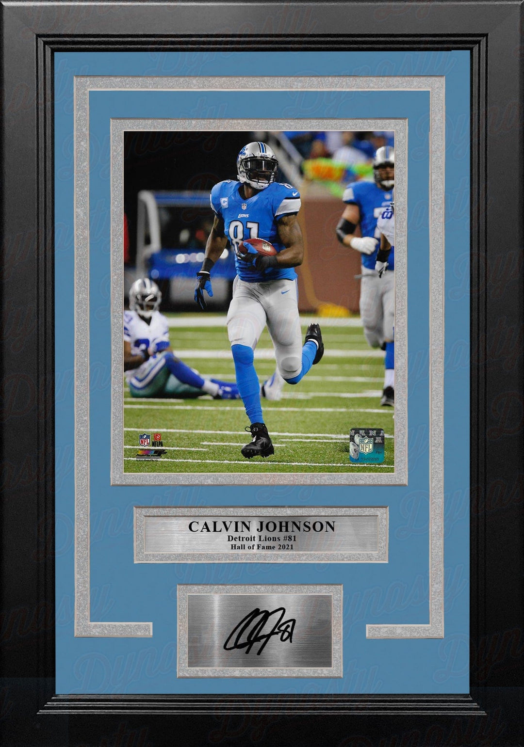 Dynasty Sports & Framing Engraved Signatures Calvin Johnson v. Cowboys Detroit Lions 8" x 10" Framed Football Photo with Engraved Autograph