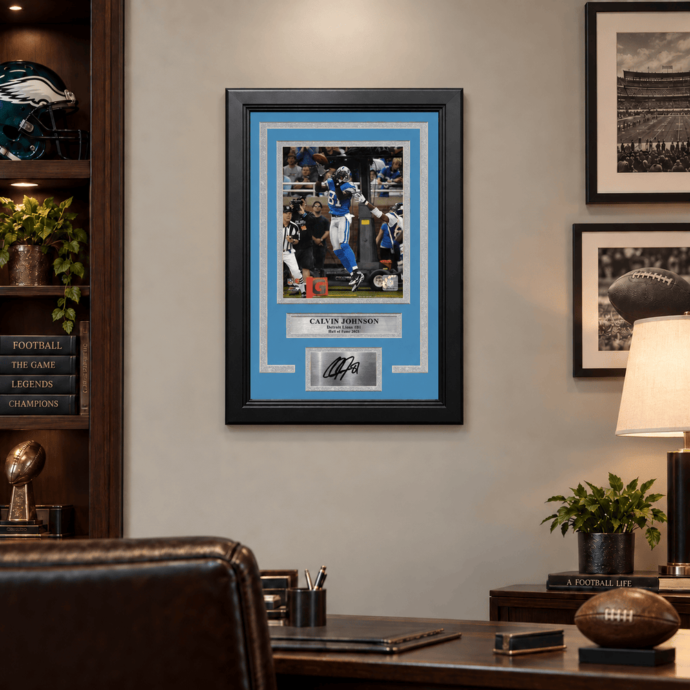 Dynasty Sports & Framing Engraved Signatures Calvin Johnson v. Vikings Detroit Lions 8" x 10" Framed Football Photo with Engraved Autograph