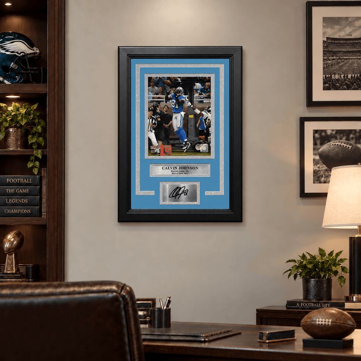 Dynasty Sports & Framing Engraved Signatures Calvin Johnson v. Vikings Detroit Lions 8" x 10" Framed Football Photo with Engraved Autograph