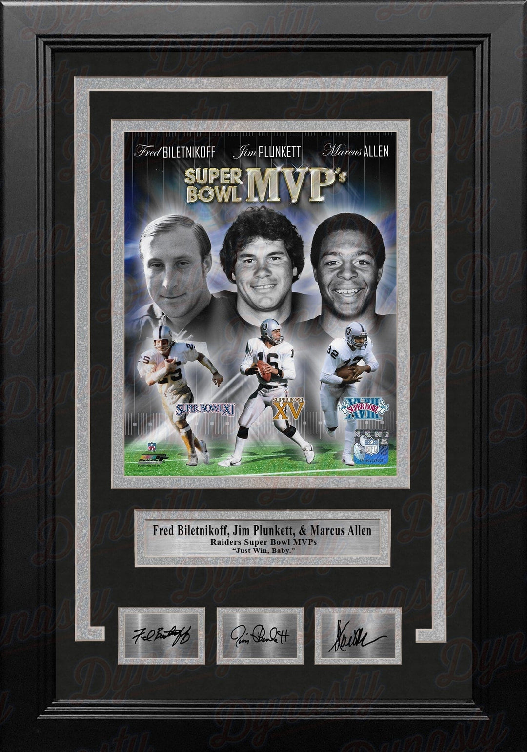 Dynasty Sports & Framing Engraved Signatures Fred Biletnikoff, Jim Plunkett, & Marcus Allen Raiders 8x10 Framed Photo with Engraved Autographs