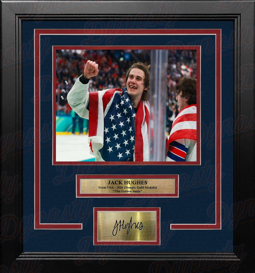 Dynasty Sports & Framing Engraved Signatures Jack Hughes Gold Medal Smile 8" x 10" Framed Olympics Hockey Photo with Engraved Autograph