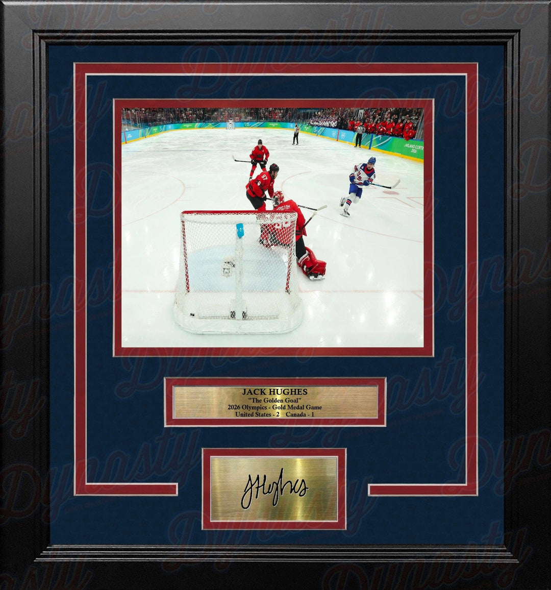 Dynasty Sports & Framing Engraved Signatures Jack Hughes Gold Medal Winning Goal 8" x 10" Framed Olympics Hockey Photo with Engraved Autograph