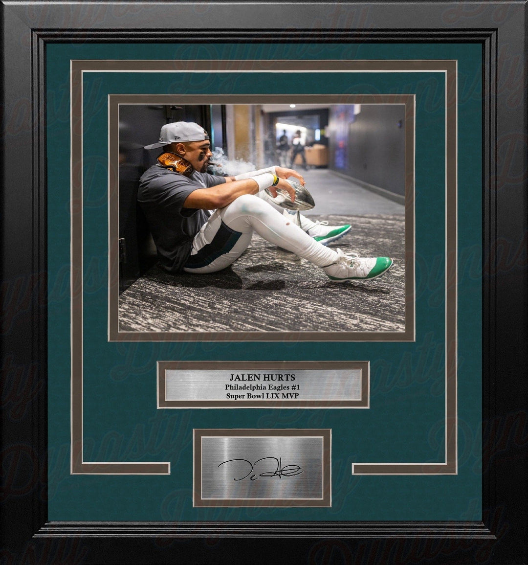 Dynasty Sports & Framing Engraved Signatures Jalen Hurts Cigar & Trophy Philadelphia Eagles Super Bowl 8x10 Framed Photo with Engraved Autograph