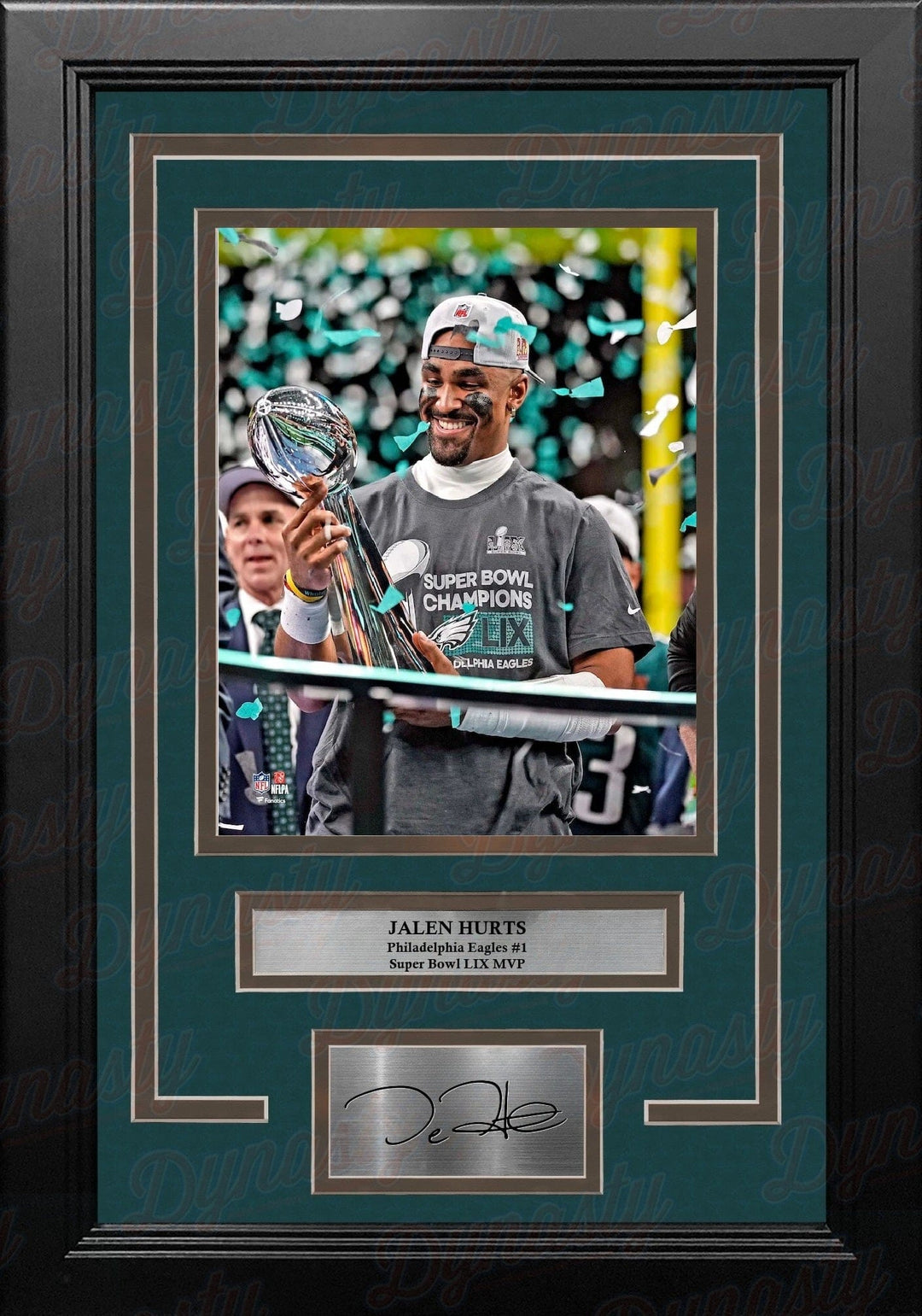 Dynasty Sports & Framing Engraved Signatures Jalen Hurts Trophy Philadelphia Eagles Super Bowl Champions 11x14 Framed Photo & Engraved Autograph