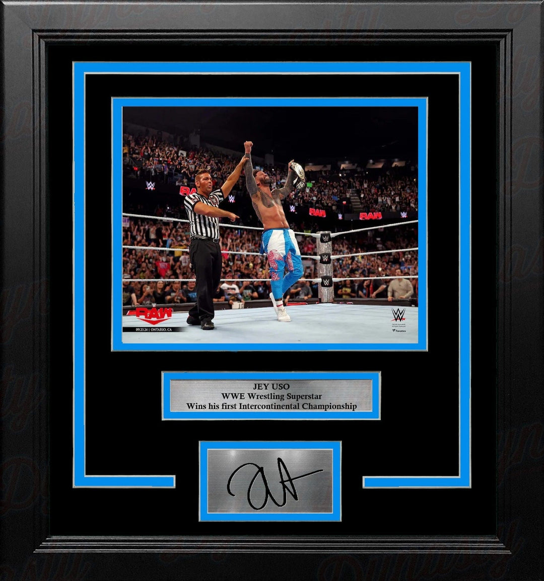 Dynasty Sports & Framing Engraved Signatures Jey Uso Wins the Intercontinental Championship 8x10 Framed Wrestling Photo with Engraved Autograph