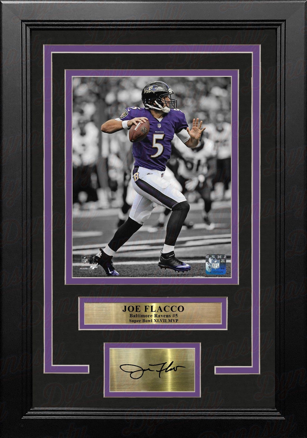 Dynasty Sports & Framing Engraved Signatures Joe Flacco Spotlight Action Baltimore Ravens 8x10 Framed Football Photo with Engraved Autograph