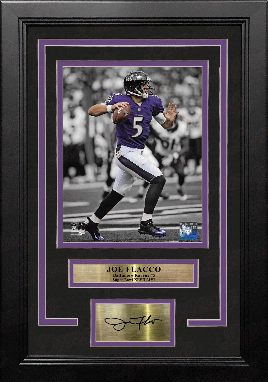 Dynasty Sports & Framing Engraved Signatures Joe Flacco Spotlight Action Baltimore Ravens 8x10 Framed Football Photo with Engraved Autograph