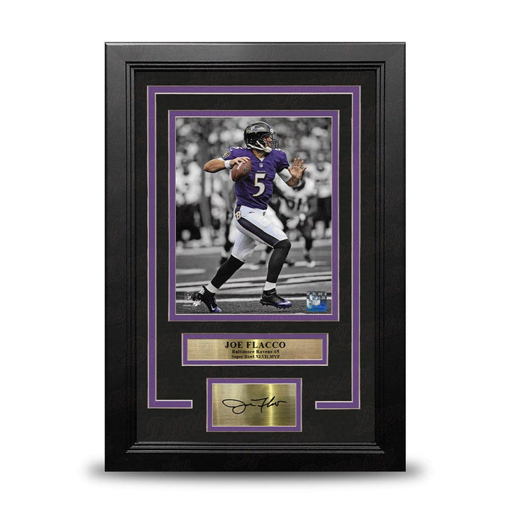 Dynasty Sports & Framing Engraved Signatures Joe Flacco Spotlight Action Baltimore Ravens 8x10 Framed Football Photo with Engraved Autograph