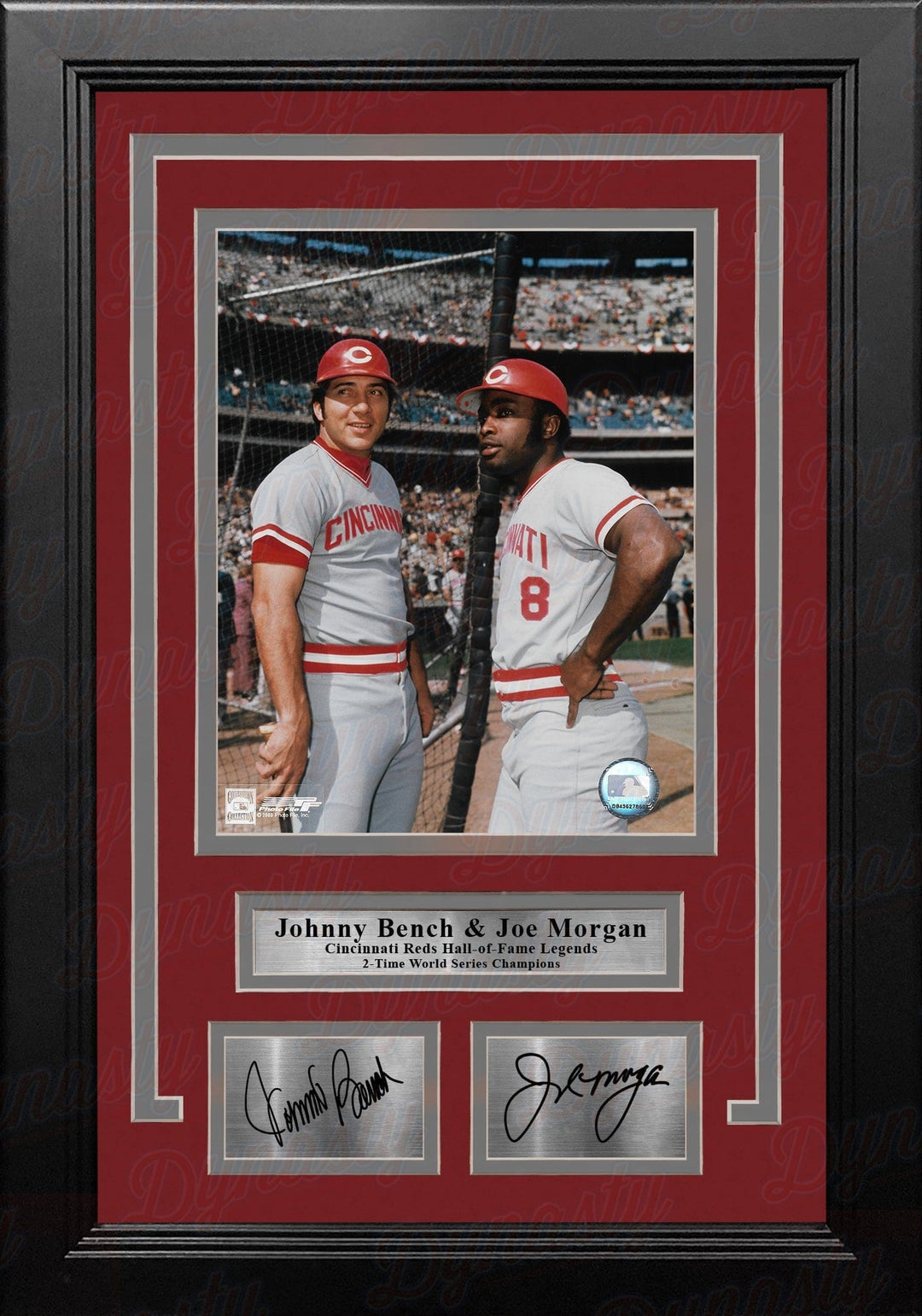 Dynasty Sports & Framing Engraved Signatures Johnny Bench & Joe Morgan Cincinnati Reds 8" x 10" Framed Baseball Photo with Engraved Autographs
